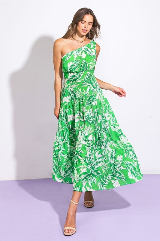 Mint leaf one shoulder dress