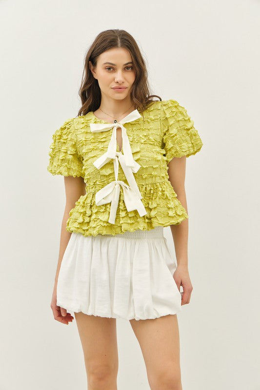 Pistachio Peplum Bow Top